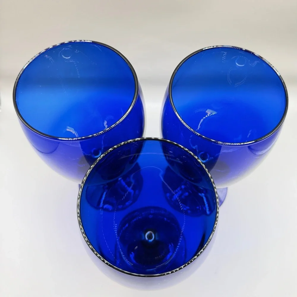 VTG Pier 1 P1C13 Cobalt Blue‎ Iced Tea Goblets 7” Hand Blown Set Of 3